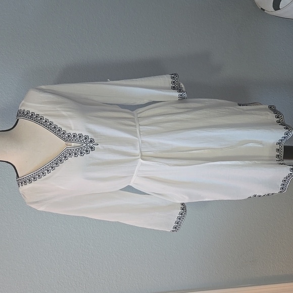 MARKET & SPRUCE 3/4 Sleeve Dress White W/ Navy Beaded & Embroidered Detail LARGE - Picture 1 of 13